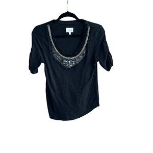Deletta for Anthropologie Black Jeweled Beaded Scoop Neck Tee Size Small